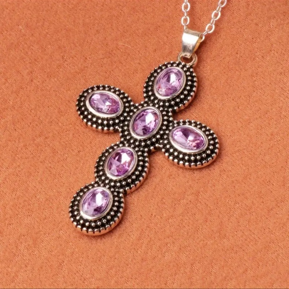 Purple Amethyst, Simulated, Retro Cross Pendant Silver Plated Necklace - Picture 8 of 8